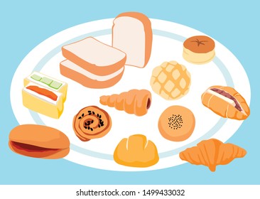 Cute Bread and Bakery on Blue Background