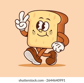 Cute bread cartoon character in retro style. Fun and cheerful food mascot illustration. Perfect for breakfast theme, snack design, poster, and menu decoration