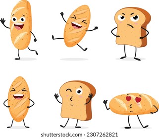 Cute bread cartoon character set isolated on white background