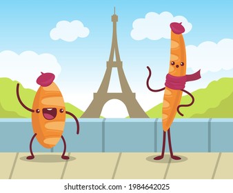Ilustración de personajes de dibujos animados de pan lindo. Pan y bollería franceses con caras graciosas en bufanda y boina con la Torre Eiffel al fondo. Viajar, turismo, concepto de cocina nacional para pancartas
