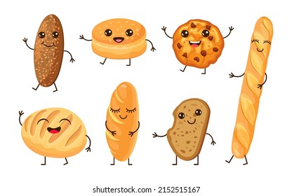 Cute bread cartoon characters vector illustrations set. Collection of clipart of different kinds of bread, funny comic baguette, cookies isolated on white background. Food, bakery, breakfast concept