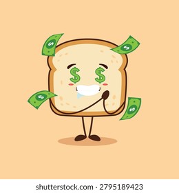A cute Bread character feels happy and tempted by the large amount of money it will have