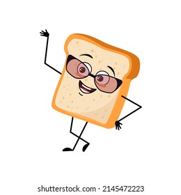 Cute bread character with glasses and happy emotion, face, smile eyes, arms and legs. Baking person, homemade pastry with funny expression. Vector flat illustration