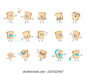 Cute bread character with happy or sad emotions, panic, loving or brave face, hands and legs. Bakery, homemade pastry with mask, glasses or hat. Vector flat illustration 