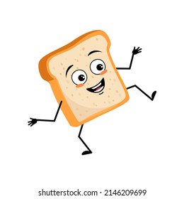 Cute bread character with joyful emotions, happy face, smile, arms and legs. Bakery, homemade pastry with funny expression and pose. Vector flat illustration