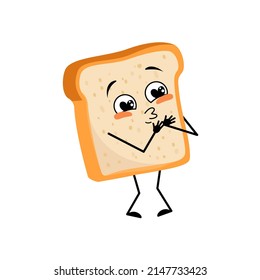 Cute bread character with love emotions, smile face, arms and legs. Baking person, homemade pastry with happy expression. Vector flat illustration