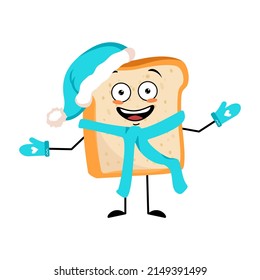 Cute bread character in Santa hat with happy emotion, joyful face, smile eyes, arms and legs. Baking person, homemade pastry with funny expression. Vector flat illustration