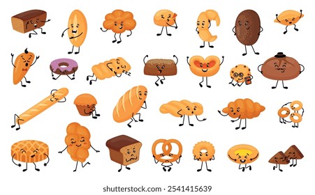 Caracteres de pão bonitos. Personagem de pastelaria engraçado, pães de pão de baguete croissant kawaii. Rosca doce, bagel, mascotes muffin, conjunto vetor neotérico