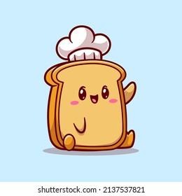 Cute Bread Chef Waving Hand Cartoon Vector Icon Illustration. Food Object Icon Concept Isolated Premium Vector. Flat Cartoon Style