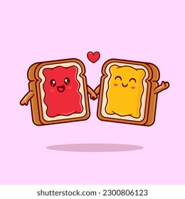 Cute Bread Jam Couple Breakfast Cartoon Vector Icon Illustration. Food Love Icon Concept Isolated Premium Vector. Flat Cartoon Style