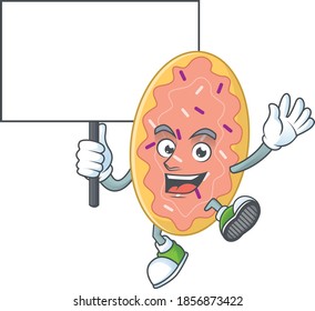 Diseño de una mascota de pan lindo con una carpa levantando una tabla. Ilustración del vector