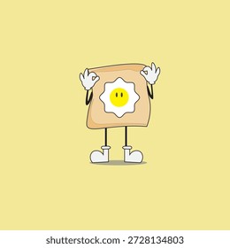 Cute bread mascot illustration with fried egg character on toast. Fun and friendly breakfast food design in cartoon flat style. Perfect for bakery promotion, breakfast menu, cafe poster, food packaging, social media content, sticker, and merchandise. Clean vector illustration suitable for commercial use