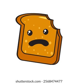 Cute bread with scared expression and bite mark. character cartoon style. 