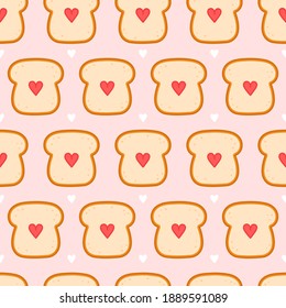 Cute bread toast with heart seamless pattern. Vector flat cartoon kawaii character illustration icon design. Toast seamless pattern concept