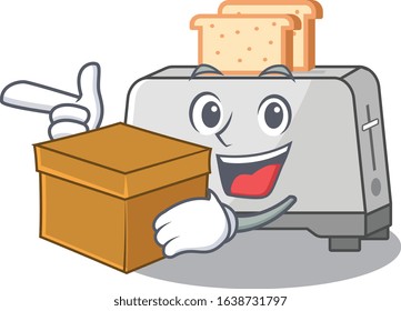 Cute bread toaster cartoon character having a box