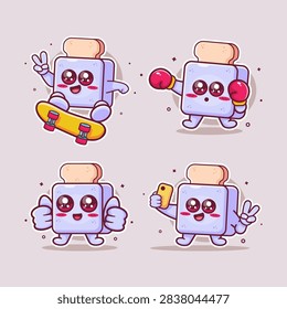 Cute bread toaster characters illustration set featuring skateboarding kickflip, boxing sport, thumb up hand, and taking a selfie.
