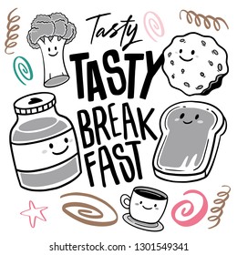 Cute break fast hand drawn illustrator of jam jar, coffee cup, cookie, toast, and broccoli.