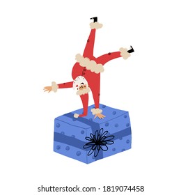 Cute break-dancer Santa stands upside down on one hand on huge gift box with Christmas present in it. Vector hand-drawn isolated illustration.