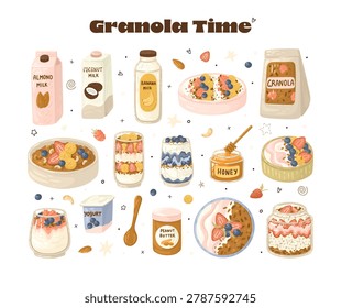 Cute Breakfast Aesthetic Collection with Yogurt, Granola, and Plant Milk. Vector illustration.