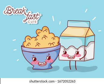 cute breakfast bowl with cereal and milk box.  Cartoon vector illustration