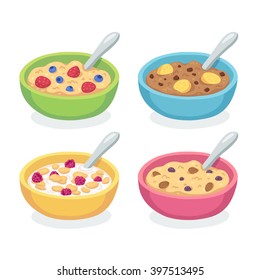 Cute breakfast bowl set. Oatmeal and cereal with berries, bananas chocolate and nuts isolated on white.