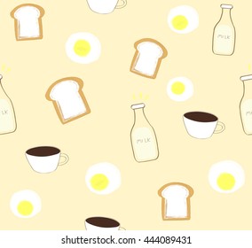 Cute breakfast with bread coffee milk fried egg on cream background pattern seamless backdrop wallpaper. Vector image