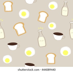 Cute breakfast with bread milk coffee fried egg on smooth purple background pattern seamless backdrop wallpaper. Vector image