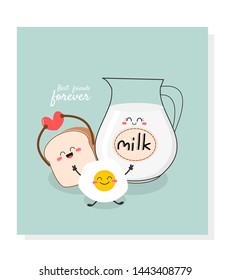  Cute Breakfast cartoon character, fried egg, toast, milk on pastel blue  background vector illustration. organic healthy food.