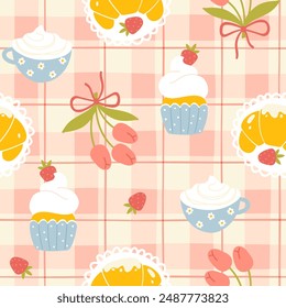 Cute breakfast cartoon Gingham seamless pattern with a bouquet of tulips, coffee, a cupcake and a croissant, strawberries on a checkered tablecloth. Hand-drawn trendy illustration in summer palette