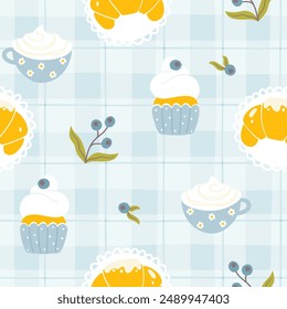 Cute breakfast cartoon Gingham seamless pattern with croissant, coffee, cupcake with blueberry. Tartan check Hand drawn trendy simple illustration, summer palette on blue background. Morning vibes