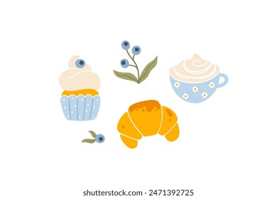 Colección de iconos de dibujos animados con croissant, café, cupcake con arándanos. Dibujado a mano ilustración simple de moda en la paleta de verano. Ambiente matutino. Aislar sobre un fondo blanco