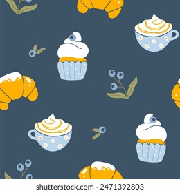 Patrón sin fisuras de dibujos animados de desayuno lindo con croissant, café, cupcake con arándano. Dibujado a mano ilustración simple de moda en la paleta de verano sobre fondo azul oscuro. Vibraciones matutinas