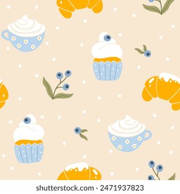 Cute breakfast cartoon seamless pattern with croissant, coffee, cupcake with blueberry. Hand drawn trendy simple illustration in summer palette on beige polka dot background. Morning vibes