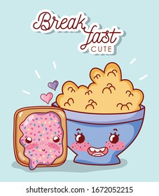 Desayunar cereales en tazón y pan con mermelada.  Dibujo vectorial de amor de caricatura