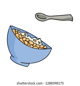 Cute breakfast cereal vector illustration of healthy oatmeal bowl. Hand drawn spoon kitchen utensil, isolated food for morning kitchen clipart.