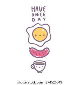 cute breakfast characters - egg, sausage, coffee mug