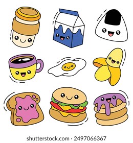 Linda ilustración de doodle de desayuno con estilo kawaii