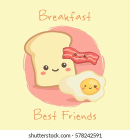 Cute Breakfast Food Bacon, Sunny Side Up Fried Egg, Loaf Bread, Vector Illustration Cartoon