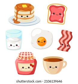 Cute breakfast food and beverage clipart. Flat vector cartoon design