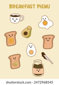 Cute breakfast food and beverage clipart. Flat vector cartoon design