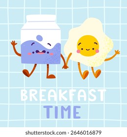Cute breakfast food characters banner. Textured cartoon breakfast mascot poster.
