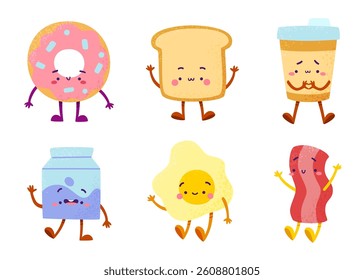 Cute breakfast food characters set. Textured drawn morning food collection. 