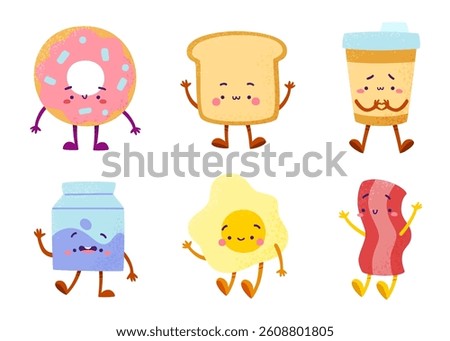 Cute breakfast food characters set. Textured drawn morning food collection. 