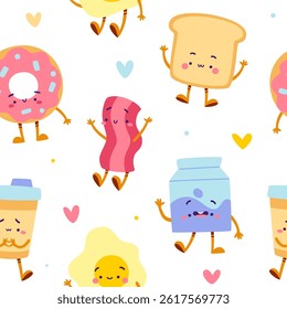 Cute breakfast food pattern. Seamless vector print with cartoon breakfast characters.