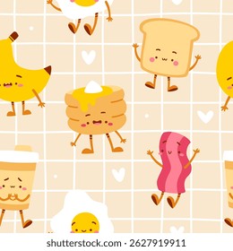 Cute breakfast food pattern. Seamless vector print with morning food.