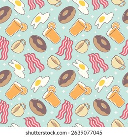 Cute Breakfast Food Pattern – Seamless vector illustration featuring bacon, eggs, donuts, orange juice, and coffee in a playful pastel style. 