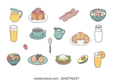Cute Breakfast Food Set – Hand Drawn Vector Illustration of Morning Meal Items