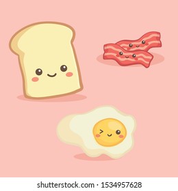 Cute Breakfast Food Set Vector Illustration Cartoon. Bacon, Sunny Side Up Fried Egg, Loaf Bread.