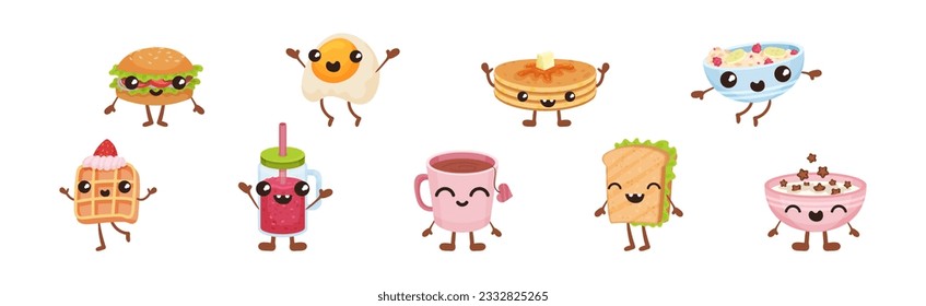 Cute Breakfast Food with Smiling Faces Vector Set