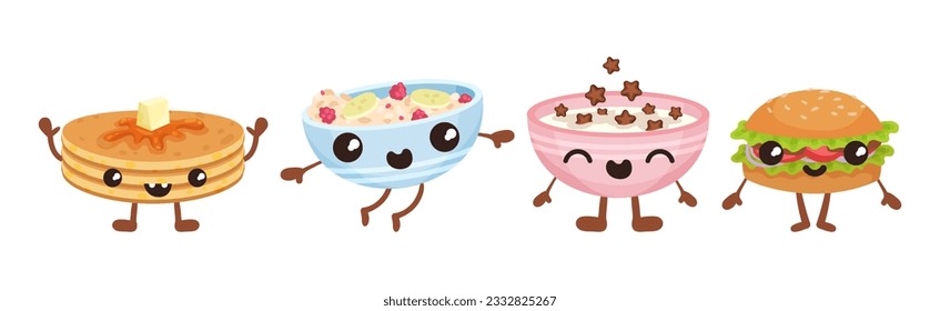 Comida de desayuno dulce con juego de vectores de caras sonrientes